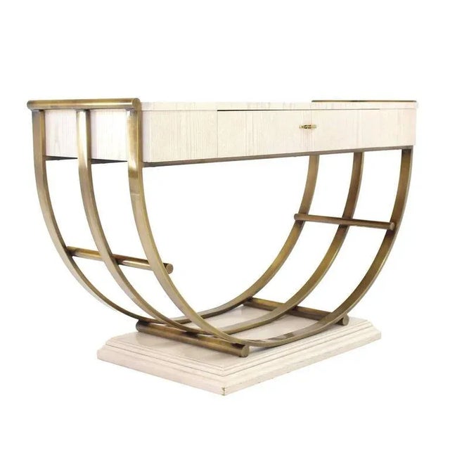 MidCentury Modern White Pickled Oak Finish Brass U Shape Base Console