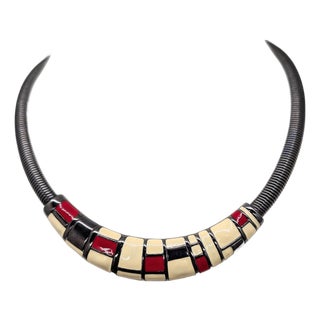 Vintage 1980s Signed Monet Gunmetal White, Red & Black Enamel Mondrian Inspired Collar Necklace For Sale