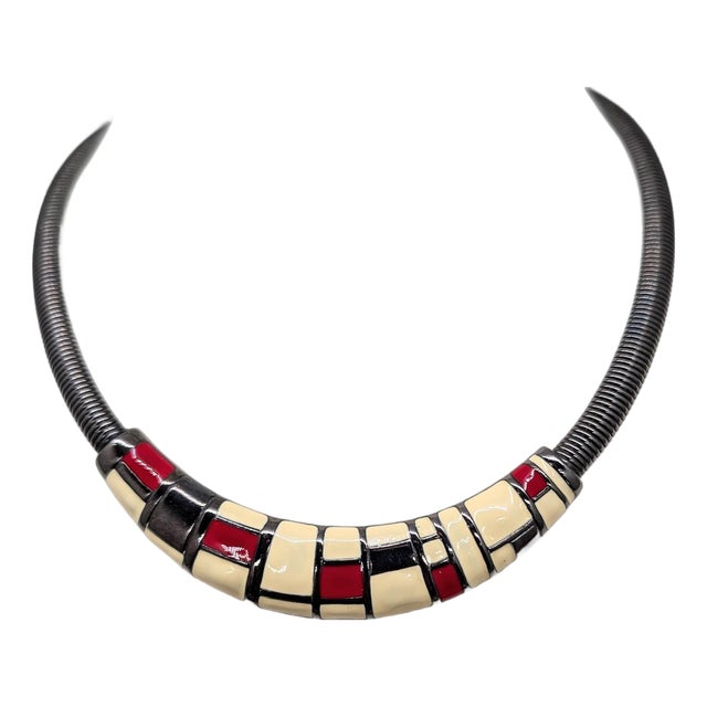 Vintage 1980s Signed Monet Gunmetal White, Red & Black Enamel Mondrian Inspired Collar Necklace For Sale