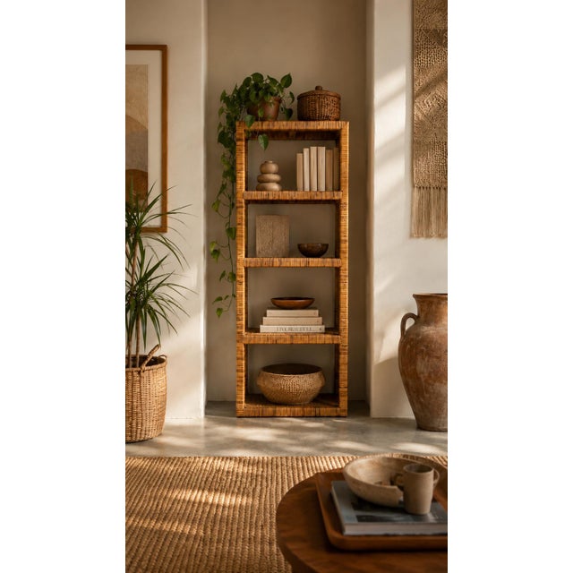 A beautiful vintage five-tier étagère featuring a tall, open-frame silhouette fully wrapped in natural rattan with woven...