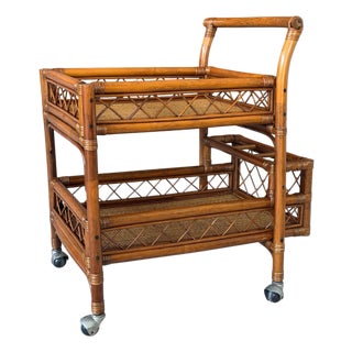 Vintage Refinished Coastal Rattan Two-Tier Bar Cart With Bottle Holders on Casters For Sale