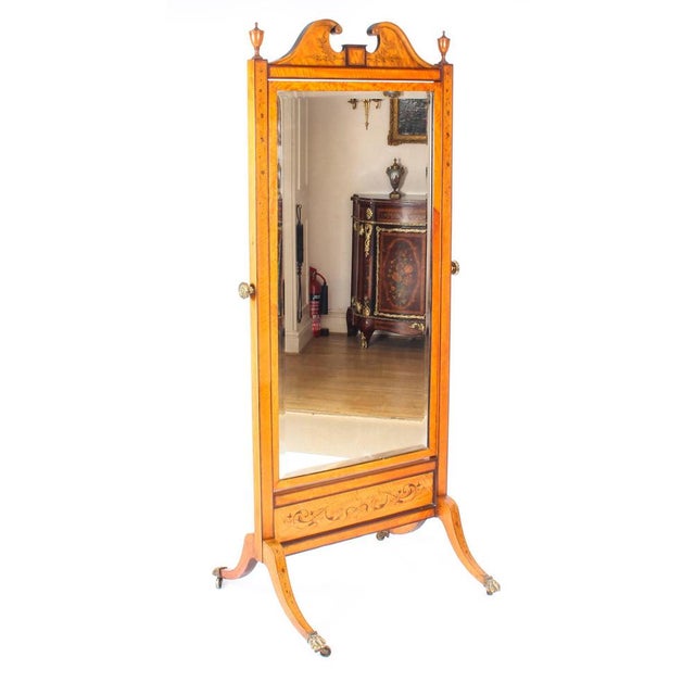 Early 20th Century Edwardian Satinwood Marquetry Inlaid Cheval Mirror For Sale - Image 15 of 16