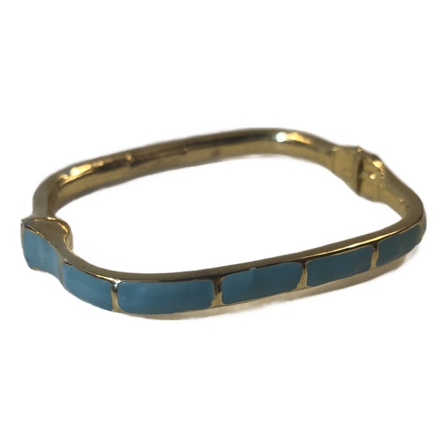 1970s Les Bernard Rectangular Gold Tone Turquoise Enamel Bangle For Sale