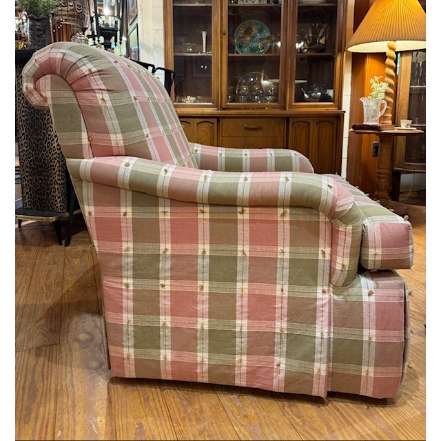Pair of upholstered club chairs with pink and green plaid fabric design. Designer chairs made by Persnickety Furniture...