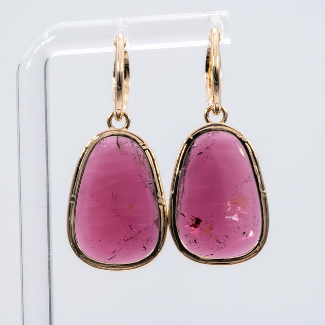 Metal 25.2Ct Rubellite Tourmaline Earrings With Tsavorite Accents: 14k Gold, 25x17mm, Pair For Sale - Image 7 of 8