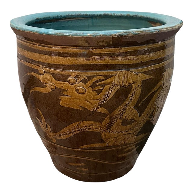 Large Antique Chinese Black Egg Ceramic Jardiniere For Sale