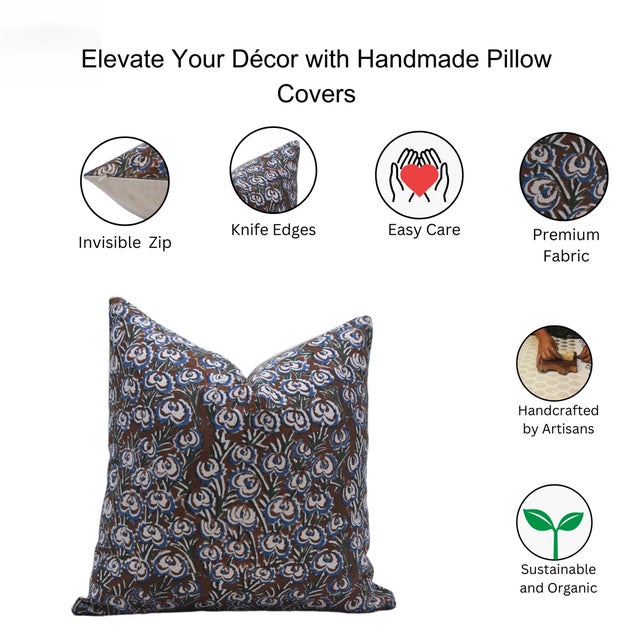 Fabdivine Artisan Block Print Throw Pillow Cover 14x14 Inch Duck Canvas-Heart Vine For Sale - Image 4 of 4