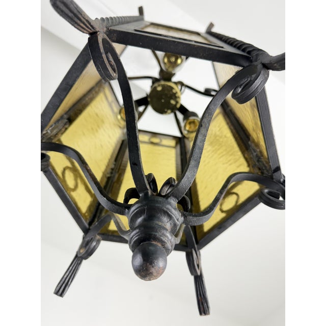 Black Gothic-Style Wrought Iron Lantern with Yellow Glass, 1960s For Sale - Image 8 of 14