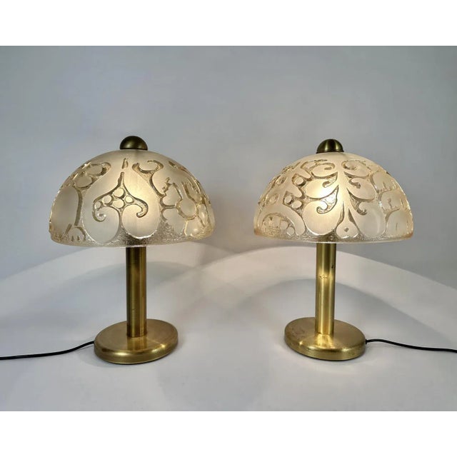 Large and heavy table lamps in glass and brass by peill & putzler, germany, 1970s, set of 2. thick cognac coloured...