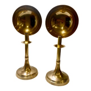 1960s Sarreid Mid-Century Modern Brass Candle Holders With Concave Reflectors a Pair For Sale