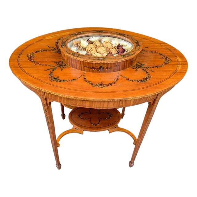Unique Edwardian Antique Satinwood 2-Tier Parlour Side Table W/ Hand Painted Floral Garlands & Center Display For Sale