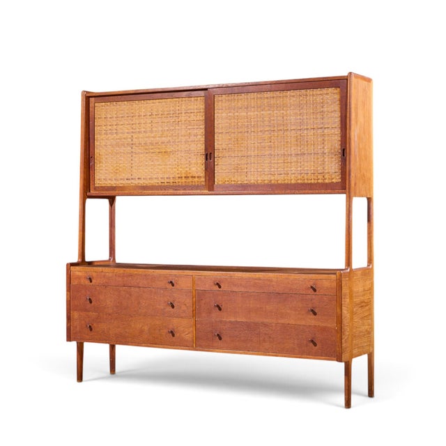 Mid-Century Modern Hans Wegner for Ry Møbler Ry-20 Mid Century Danish Teak and Rattan Highboard Credenza With Hutch For Sale - Image 3 of 12