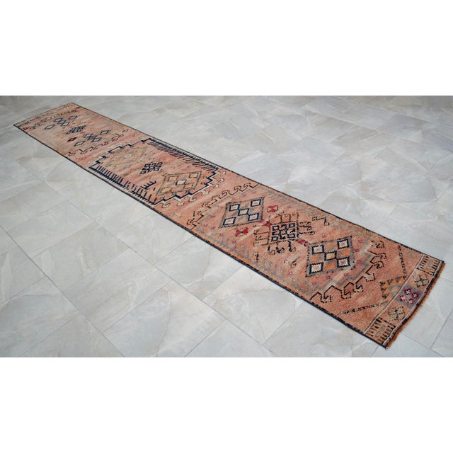 Textile 1960s Runner Turkish Hand-Knotted Rug Peach Hallway Decor Kitchen Floor Accent 2x13 Ft Approx For Sale - Image 7 of 15