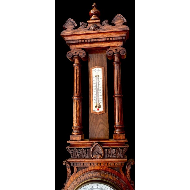 1900 - 1909 Antique English Carved Oak Wall Hanging Barometer For Sale - Image 5 of 17