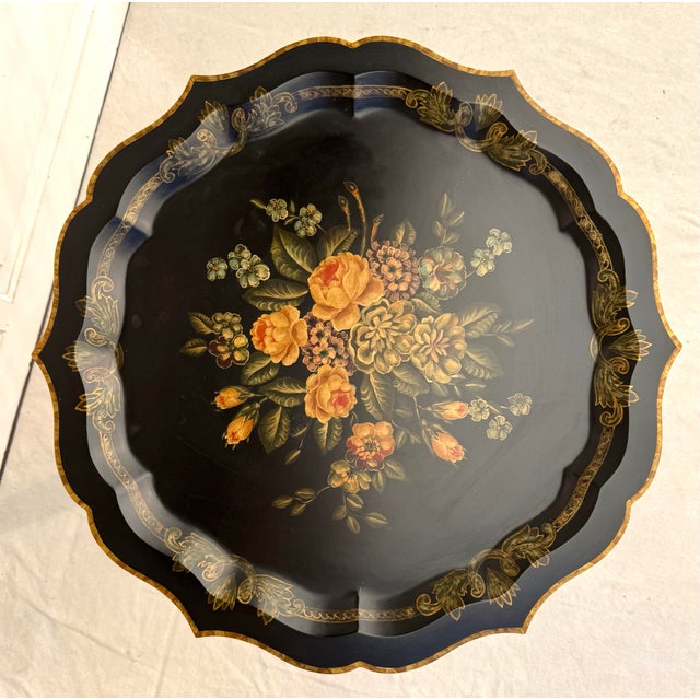 Maitland-Smith Hand-Painted Floral Ebonized Pedestal Accent Table For Sale In Los Angeles - Image 6 of 16
