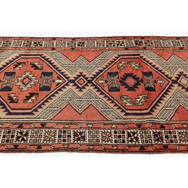 Terra Cotta Mid-Century Hand-Knotted Vintage Kurdish Wool Hallway Runner Rug With Geometric Tribal Medallions For Sale - Image 8 of 9