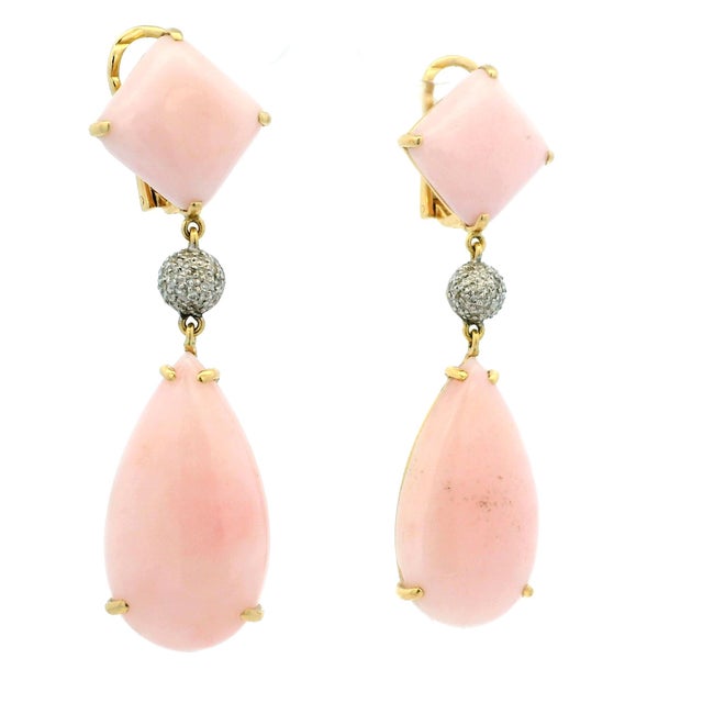 Pink Vintage 1980s 18k Gold Pink Coral and Diamond Drop Earrings, Pair For Sale - Image 8 of 11