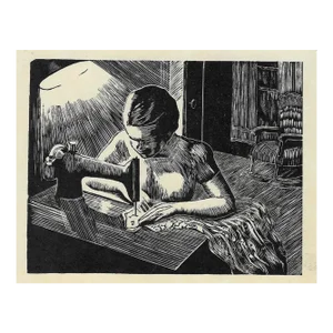 1950s Woodcut of a Lady Sewing
