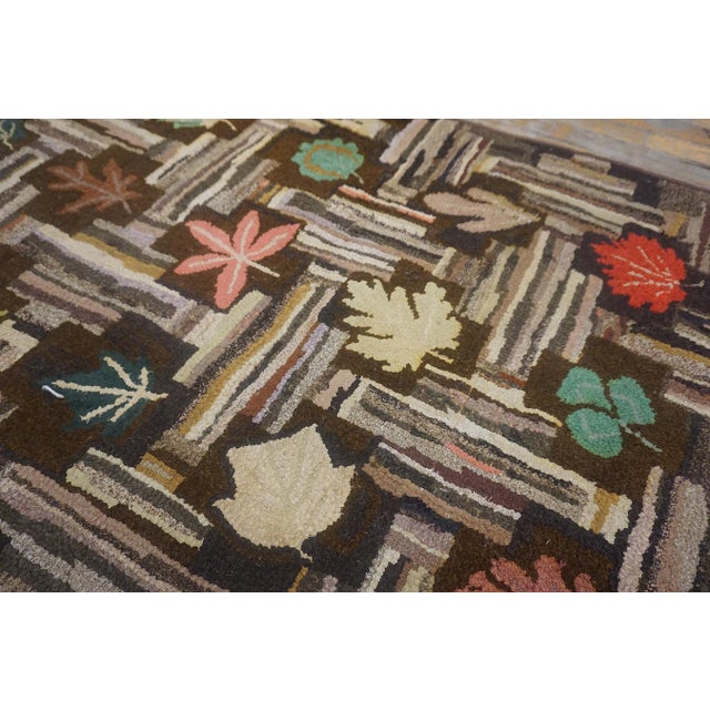 Lofty Brown Color Background With Floral and Symmetrical Patters Design Vintage American Hooked Rug For Sale In New York - Image 6 of 13