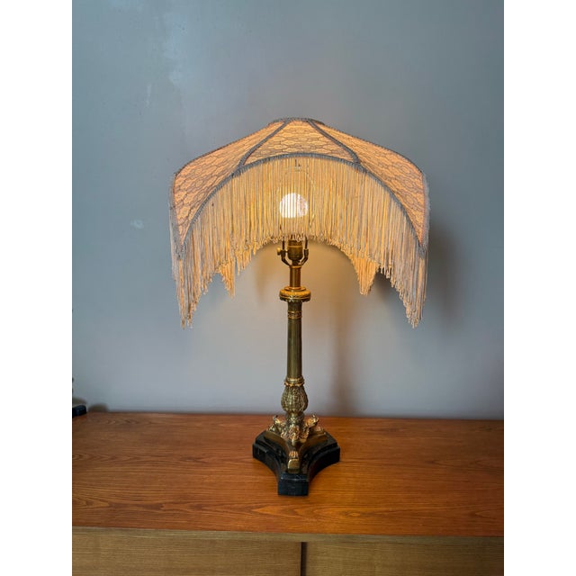 Beautiful vintage marble and brass table lamp with Victorian footed detailing, tessellated marble patterning, lace fabric...