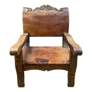 Vintage Rustic Spanish Colonial Leather and Mahogany Throne Chair For Sale