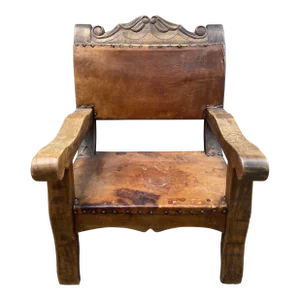 Vintage Rustic Spanish Colonial Leather and Mahogany Throne Chair
