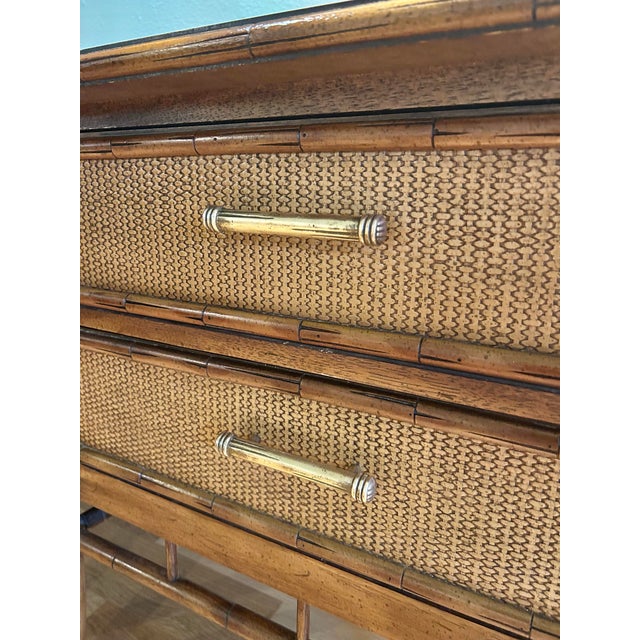 1970s 1970’s Thomasville Faux Bamboo and Rattan Chinoiserie Hollywood Regency Nightstands - A Pair For Sale - Image 5 of 12