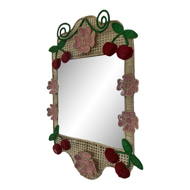 Fun Quirky Mercedes Salazar Cherrys Garden Rafia Mirror in Perfect Condition For Sale