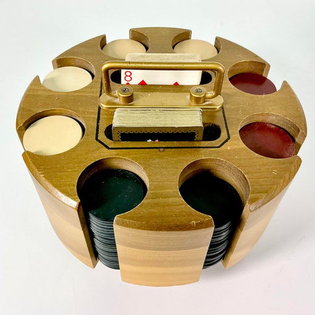 1950s Vintage Americana Boho Chic Bakelite Poker Chips and Wood Caddy With Cover For Sale - Image 6 of 11
