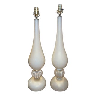 Mid 20th Century Similar Pair Murano Glass Table Lamps in Cream W/ Gold Flecking For Sale
