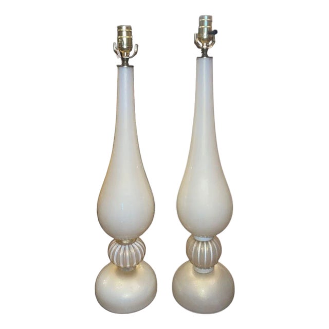 Mid 20th Century Similar Pair Murano Glass Table Lamps in Cream W/ Gold Flecking For Sale