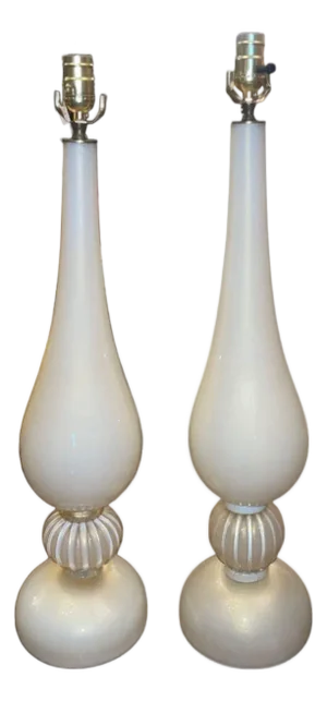 Mid 20th Century Similar Pair Murano Glass Table Lamps in Cream W/ Gold Flecking