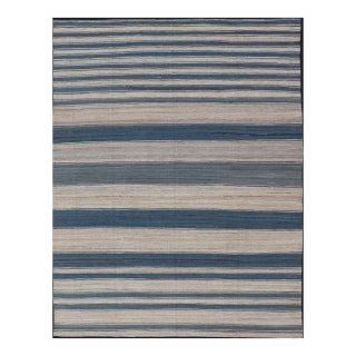 Flat-Weave Kilim Blue Rug by Keivan Woven Arts, Striped Design 8'8 X 12'0 For Sale