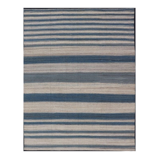 Flat-Weave Kilim Blue Rug by Keivan Woven Arts, Striped Design 8'8 X 12'0 For Sale