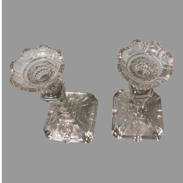 Pair of Vintage Pressed Glass Floral & Lion Decorated Glass Candlesticks For Sale - Image 4 of 8