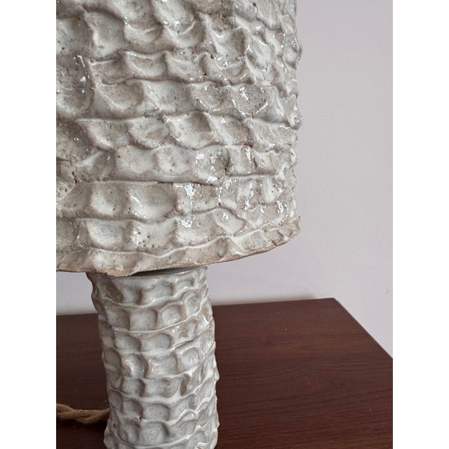 Handmade Ceramic Table Lamp With Textured Stoneware Surface in White Color For Sale - Image 4 of 7