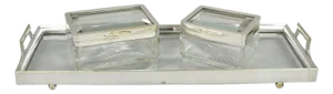 Early 20th Century Art Deco Austrian Silver Plated Cut Glass Casket Trinket Box Set W/ Tray - 3 PCS
