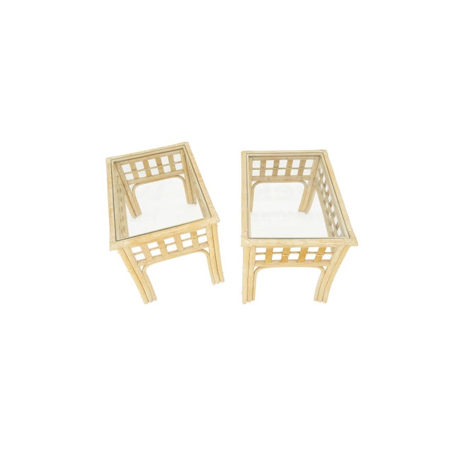 Pair of White Wash Pickle Finish Rattan Rectangle Glass Top End Side Tables MINT For Sale - Image 6 of 12