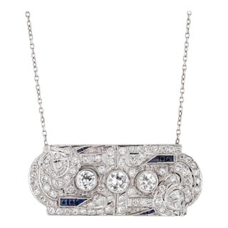 Vintage 3.25ct Diamond Art Deco Necklace Platinum 17" Sapphire Estate Jewelry For Sale