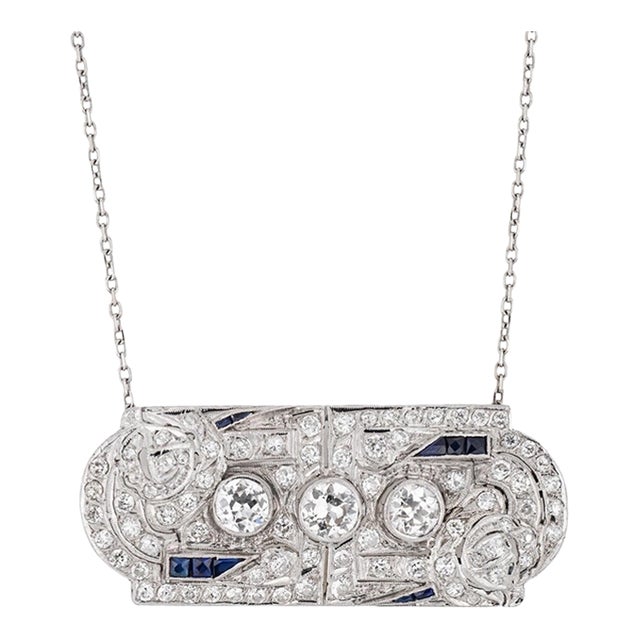 Vintage 3.25ct Diamond Art Deco Necklace Platinum 17" Sapphire Estate Jewelry For Sale