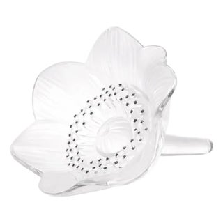 Lalique Anemone Crystal Flower Paperweight – Black Enamel Accents – Signed For Sale