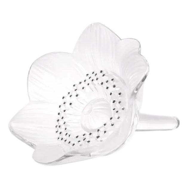Lalique Anemone Crystal Flower Paperweight – Black Enamel Accents – Signed For Sale