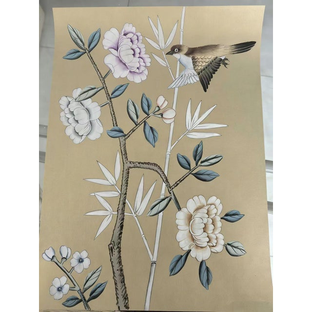 Chinoiserie Chinoiserie Hand‑Painted Wall Panels, Set of 3, Birds Blossom & Bamboo Mural For Sale - Image 3 of 4