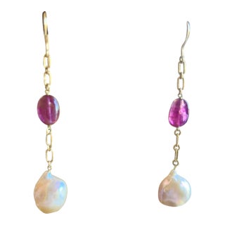 Baroque Pearl Earrings With Small Tourmalines in 18k Yellow Gold - a Pair For Sale