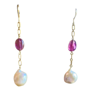Baroque Pearl Earrings With Small Tourmalines in 18k Yellow Gold - a Pair