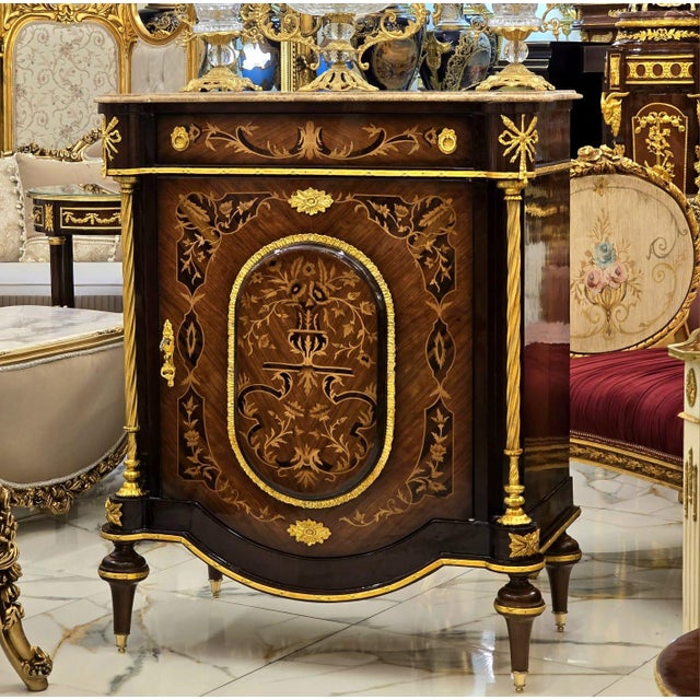 French French Marquetry Cabinet With Marble Top & Hand-Gilded Gold Leaf Accents For Sale - Image 3 of 4