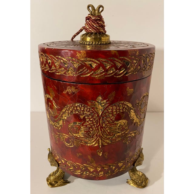 Monumental 14" Graduated Trio of Maitland-Smith Tessellated Stone Canisters - Imperial Red & Gold Leaf For Sale - Image 12 of 18