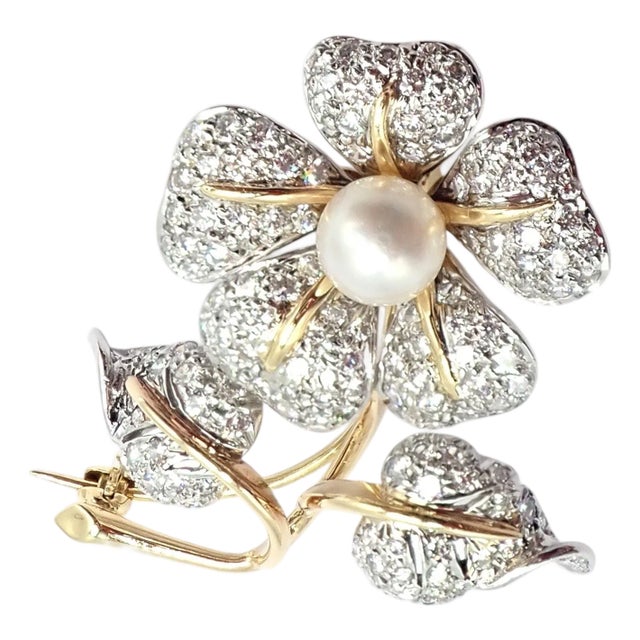 Vintage Tiffany & Co. Yellow Gold Platinum Diamond Pearl Pin Brooch For Sale