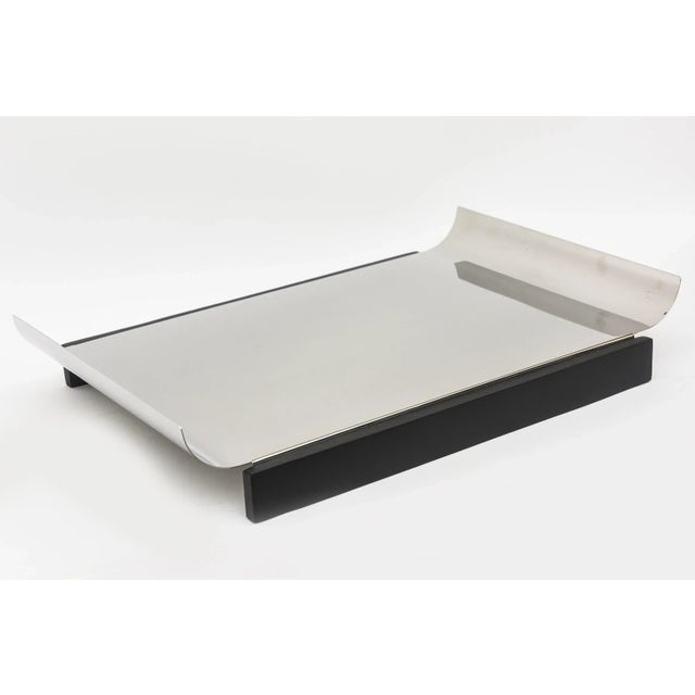 Offering a fabulous vintage tray for serving, for barware or for a desk accessory. It is stainless steel and black stained...