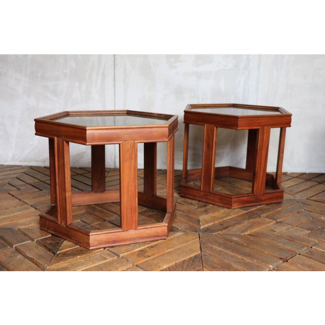 A striking pair of Mid-Century Modern hexagonal “Domino” side tables designed by John Keal for Brown Saltman, circa 1960s....